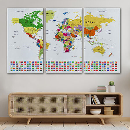 Harita Sepeti Dünya Haritası Son Derece Ayrıntılı Eğitici ve Bayraklı Dekoratif Kanvas Tablo 3256