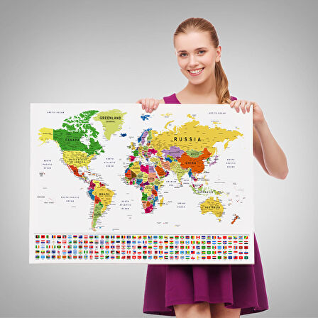 Harita Sepeti Dünya Haritası Son Derece Ayrıntılı Eğitici ve Bayraklı Dekoratif Kanvas Tablo 3256