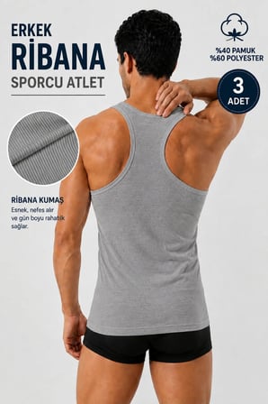 Erkek Sporcu Ribana Atlet %100 Pamuk (Seher Yetkili Satıcısı) 3 Adet Pamuklu Esnek Rahat – Siyah