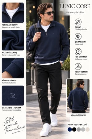 Luxıc core Erkek  Yarım Fermuarlı Dik Yaka Kazak Regular Fit Günlük Şık Basic