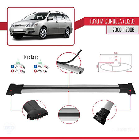 Toyota Corolla 9 (E120) SW 2000-2006 Arası ile Uyumlu FLY Model Ara Atkı Tavan Barı Gri 2 Adet