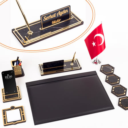 Sümen Takımı Kişiye Özel Ahşap İsimlikli Mermer Desenli Türk Bayraklı 10 Parça Siyah