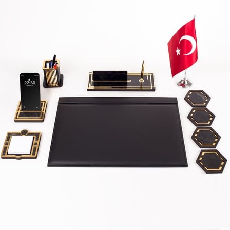 Sümen Takımı Kişiye Özel Ahşap İsimlikli Mermer Desenli Türk Bayraklı 10 Parça Siyah