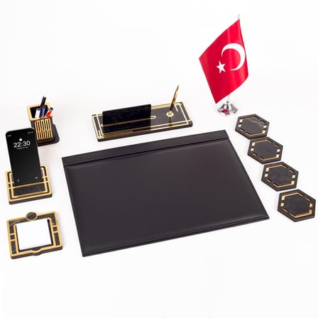 Sümen Takımı Kişiye Özel Ahşap İsimlikli Mermer Desenli Türk Bayraklı 10 Parça Siyah