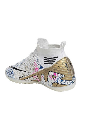 Çoraplı Bilekli Boğazlı Halısaha Futbol Ayakkabısı BEYAZ - ALTIN