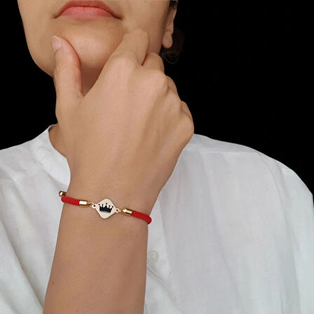 Örgülü Eşkenar Dörtgen Motifli Bayanlara 14 Ayar Altın Plakalı Taç Bilekliği-326sembol-kırmızı