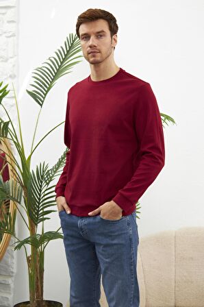 Erkek Comfort Fit Basic Düz Sweatshirt Bordo MARS26