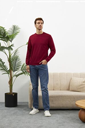 Erkek Comfort Fit Basic Düz Sweatshirt Bordo MARS26