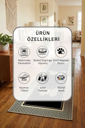 Bbe-ups Yıkanabilir Kaymaz Taban Dijital Baskılı Yolluk Halı Siyah