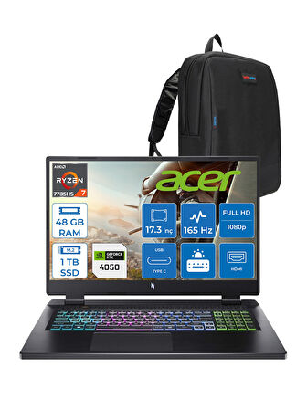 Acer Nitro 17 Amd Ryzen 7 7735HS 48GB Ddr5 1tb SSD RTX4050 140W 6gb 17.3" Fhd IPS 165HZ Freedos Taşınabilir Bilgisayar NHQL1EY003F18 + Zetta Çanta