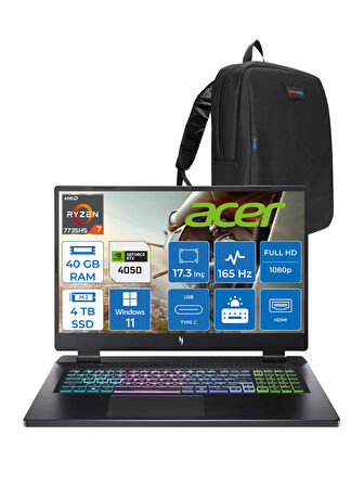 Acer Nitro 17 Amd Ryzen 7 7735HS 40GB Ddr5 4tb SSD RTX4050 140W 6gb 17.3" Fhd IPS 165HZ Windows 11 Home Taşınabilir Bilgisayar NHQL1EY003H16 + Zetta Çanta