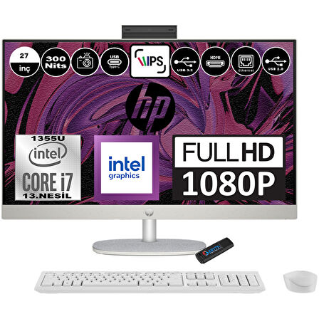 Hp 27-CR0004NT Intel Core I7 1355U 32GB 2tb SSD Freedos Intel Iris Xe Graphics 27 Inç IPS Fullhd All In One Bilgisayar 898B4EAF11+ Zetta Flash Bellek