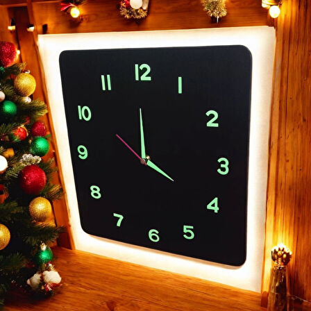 Fosforlu 3D Kabartma Rakam Ahşap Camsız 30*30 cm Kare Siyah Duvar Saati