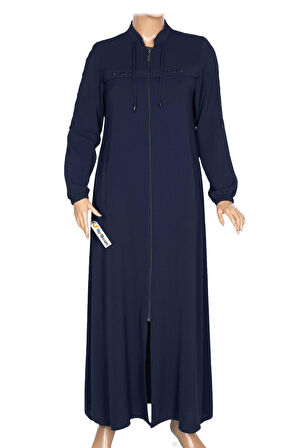 Hesna Kadın Selvi Dokuma Krep Kuş Gözü Aksesuarlı Lacivert Ferace