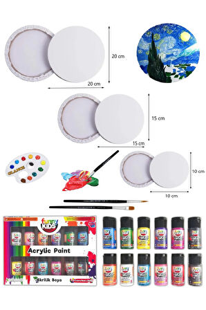 Funny Kids Akrilik Boya 20ml 12li Set Pamuk 240 G Daire Tuval 3 Boya Set