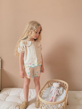 YİĞİT BUTİK Kız Çocuk Gabardin Şortlu Takım Bebe Yaka Nakış Detaylı Yazlık İkili Takım