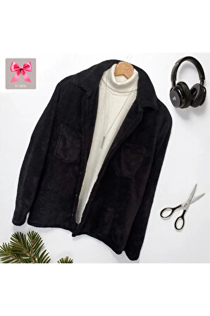 Unisex,  Düğmeli, Gömlek Yakalı Polarlı Peluş Ceket