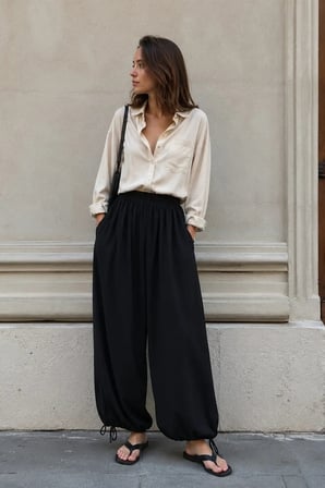 Bel ve Paca Bağcıklı Siyah Şalvar Pantolon