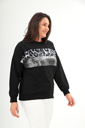 Kadın Büyük Beden Bisiklet Yaka Leopar Desenli Payetli Siyah-Beyaz Sweatshirt 