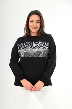 Kadın Büyük Beden Bisiklet Yaka Leopar Desenli Payetli Siyah-Beyaz Sweatshirt 