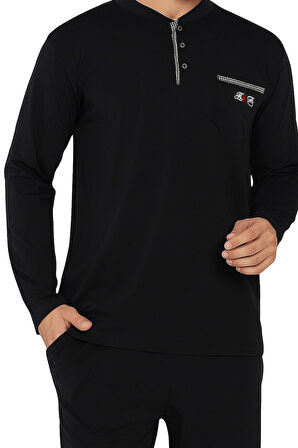 Erkek Siyah Bisiklet Yaka 3 Düğmeli Göğüs Cepli Pamuk Likra Mevsimlik Uzun Kol Cepli Pijama Takımı