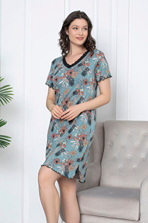 Pembe çiçek Desenli kısa kollu kolu ve yakası dantelli fiyonklu likralı kadın gecelik