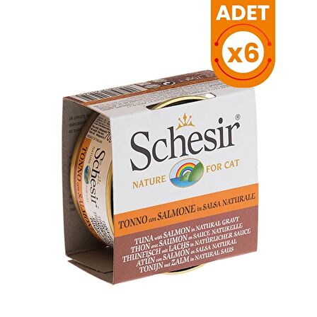 Schesir Soslu Ton Balıklı ve Somonlu 70 gr 6'lı Yetişkin Konserve Kedi Maması