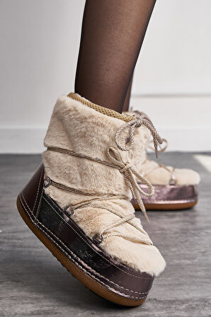 Günlük Kadın Kar Botu Kürklü Bağcıklı Anne Kız Rahat Astarlı Kalın Taban 327