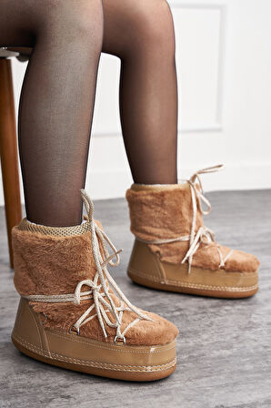 Günlük Kadın Kar Botu Kürklü Bağcıklı Anne Kız Rahat Astarlı Kalın Taban 327