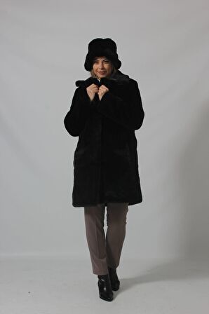 3240 ŞAPKALI SİYAH LÜKS KÜRK KABAN