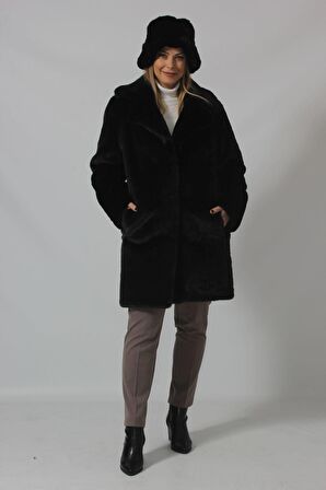 3240 ŞAPKALI SİYAH LÜKS KÜRK KABAN