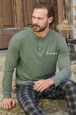Aydoğan Erkek Pijama Takımı %100 Pamuk Süprem Patlı Yaka Uzun Kol Pastel Yeşil Tuna 3495