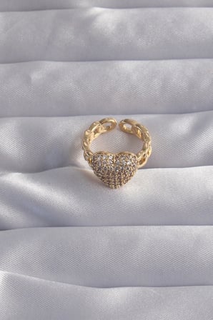 Pirinç Ayarlamalı Gold Renk Zirkon Taşlı Bombeli Kalp Yüzük TJ-BYK3281