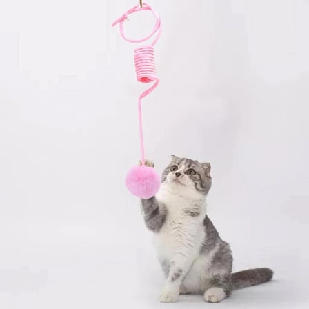 Yaylı Asılabilir Peluş Kedi Oyuncağı - Elastik - Ponponlu Olta
