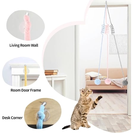 Yaylı Asılabilir Peluş Kedi Oyuncağı - Elastik - Ponponlu Olta
