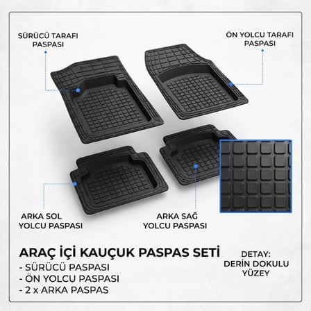 Araç İçi Paspas Seti - 4'lü Set - Karışık Desenler - Kauçuk - Kaymaz Yüzey