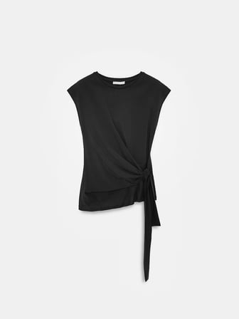 %100 Pamuk Bağlama Detaylı T-shirt-Siyah