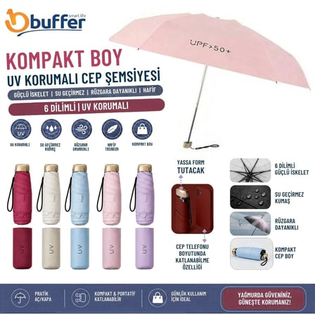 Kararlı Ticaret® Kompakt Boy Katlanabilir,UV Korumalı,Siyah İç Kaplamalı,6 Dilimli,Su Geçirmez,Rüzgara Dayanıklı,Güçlü İskeletli Taşınabilir Cep Şemsi