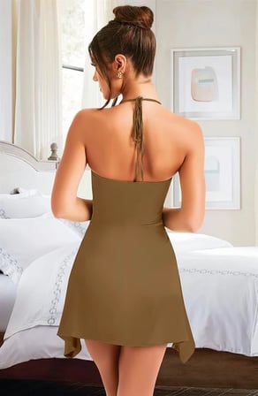 Fastieshop Özel Tasarım İnce Askılı Boyundan Bağlamalı Koyu Yeşil Mini Saten Gecelik