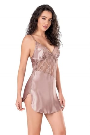 Fastieshop Dantel İşlemeli İnce Askılı Vizon Kısa Saten Gecelik