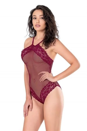 Fastieshop Dantel İşlemeli Bordo File Tül Bodysuit