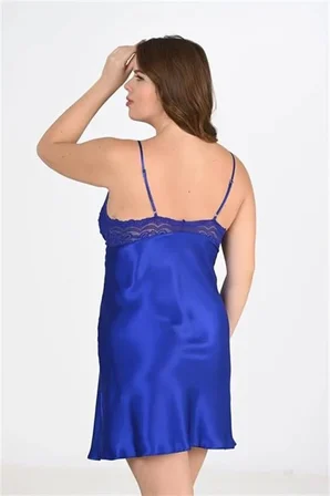 Premium Büyük Beden Saten Dantel İşlemeli Saks 2'li Gecelik Sabahlık Takımı Bigsize