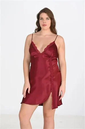 Premium Büyük Beden Saten Dantel İşlemeli Bordo 2'li Gecelik Sabahlık Takımı Bigsize