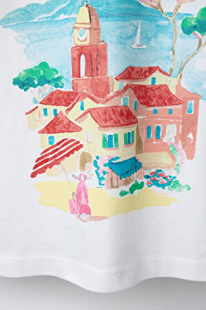 Tatildeyim Temalı Oversize Beyaz Çocuk Tişört