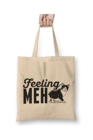 Cute & Funny Feeling Meh Kitty Adorable Cat Kitten Beyaz Bez Çanta Uzun Saplı