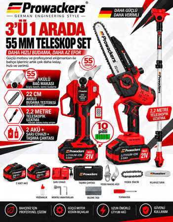 Prowackers 2 Akü 10 Pilli Set Teleskopik Uzatma + Elektrikli Zincirli Kesme Ağaç Budama Makası Kesme + 55 mm Dijital Bağ Budama