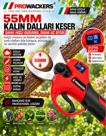 Prowackers 2 Akü 10 Pilli Set Teleskopik Uzatma + Elektrikli Zincirli Kesme Ağaç Budama Makası Kesme + 55 mm Dijital Bağ Budama