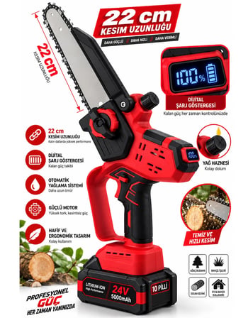 Prowackers 2 Akü 10 Pilli Set Teleskopik Uzatma + Elektrikli Zincirli Kesme Ağaç Budama Makası Kesme + 55 mm Dijital Bağ Budama