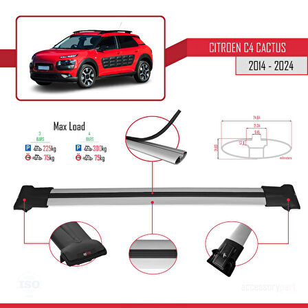 Citroen C4 Cactus 2014-2021 Arası ile Uyumlu FLY Model Ara Atkı Tavan Barı Gri 3 Adet