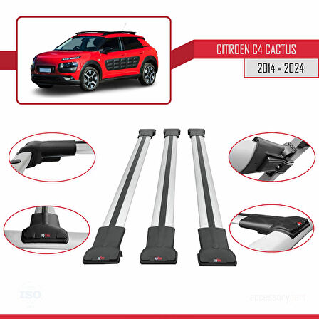 Citroen C4 Cactus 2014-2021 Arası ile Uyumlu FLY Model Ara Atkı Tavan Barı Gri 3 Adet